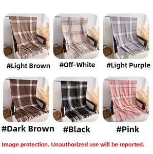 Detailed grid view of six classic plaid cashmere-like scarves with fringe tassels