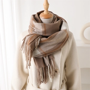 Plaid cashmere-feel scarf with tassels in brown and beige earth tones for autumn wear