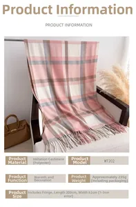 Detail of pink and grey plaid scarf with tassels on chair, 200x62cm imitation cashmere