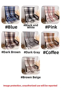 Detailed grid of cashmere-like plaid scarves with fringe in seven elegant colors