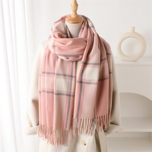 Plaid cashmere-like scarf with fringe tassels in soft pink and beige check patterns