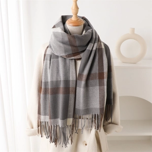 Classic plaid tassel scarf in grey and beige cashmere-feel fabric for winter warmth