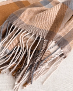 Close-up of soft plaid scarf showing twill weaving details and long fringe tassels
