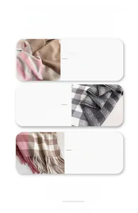 Detail of soft plaid cashmere scarf fabric texture and tassel edges in three colors
