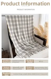 Detail view of plaid scarf dimensions and soft material specifications for winter