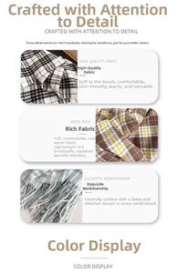 Detail showing wool rich plaid scarf texture and fine tassel craftsmanship in neutral colors