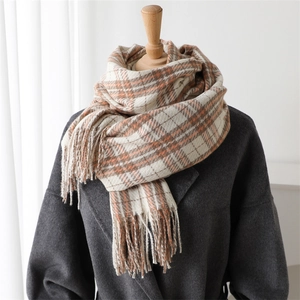 Detail of tartan scarf showing thick autumn texture and long tassels on coat
