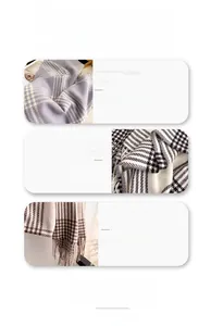 Detail of wool-rich plaid scarf featuring classic purple and black patterns with tassels