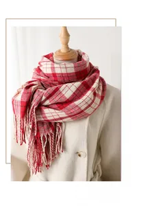 Detail of red and white plaid scarf featuring soft fringe trim on a beige coat model
