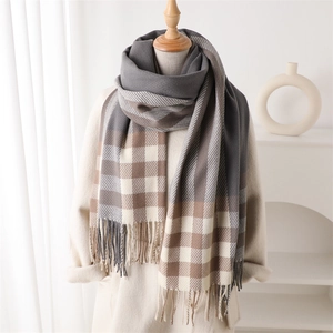 Women's plaid cashmere scarf with fringes in grey, brown and beige color block design