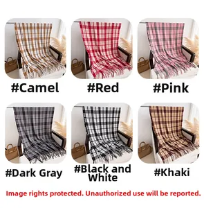 Collage of checkered cashmere-feel scarves with fringe detail in six assorted autumn colors