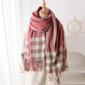 Women's plaid cashmere-feel scarf in dusty pink and beige with decorative tassels