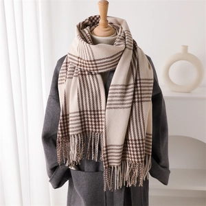 Retro Plaid Warm Scarf For Women Faux Cashmere Winter Shawl Wrap With Tassels British Style Long Soft Pashmina Neck Warmer