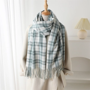 Women Plaid Cashmere-Like Scarf Warm Winter Shawl With Fringe Elegant Checkered Wraps Fashion Versatile Neck Scarf Gift