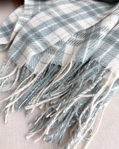 Detailed view of soft cashmere feel scarf featuring green plaid pattern and long fringe
