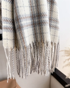 Detail of plaid scarf with fringe, featuring soft cashmere-like texture and neutral tones