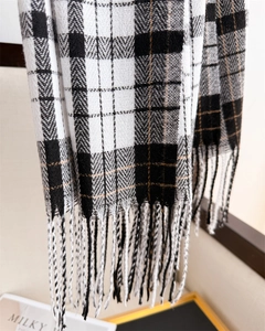 Macro detail of plaid scarf fabric showing woven texture, herringbone pattern and fringe trim