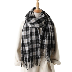Classic black grey plaid warm scarf with tassels on beige wool coat for women