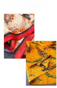 Detailed view of silk scarves with traditional Chinese bamboo and floral patterns