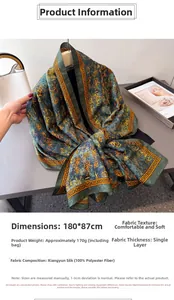 Detail of vintage style green scarf showing 180x87cm dimensions and soft silk texture
