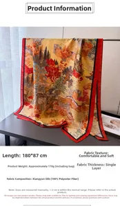 Close-up of golden Chinese landscape print scarf showing soft texture and fine fabric detail