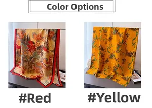 Detailed comparison of red landscape and yellow plum blossom printed silk scarves