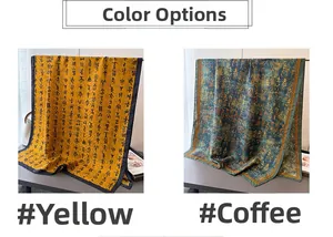 Detail of vintage calligraphy print scarves in ginger yellow and cyan coffee tones