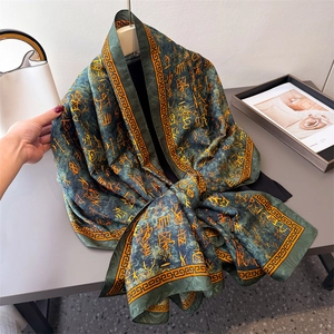 Vintage dark green silk scarf with golden oracle bone prints and traditional borders