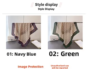 Detail display of silk-feel scarves with classic chain patterns in navy blue and green colors