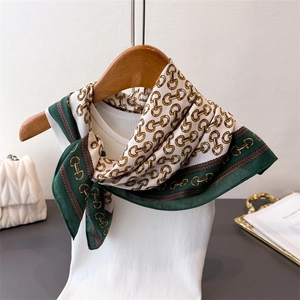 Vintage chain and horsebit print satin square scarf for women in elegant emerald green
