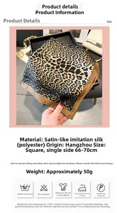 Macro detail of leopard print silk-satin scarf showing fabric texture and wash instructions
