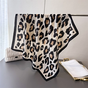 Leopard Print Square Scarf Satin Feel Polyester Neck Wrap Elegant Vintage Bohemian Fashion Accessory For Women
