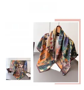Detailed pattern of double-sided herringbone silk scarf featuring retro botanical prints