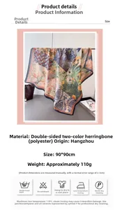 Detail of 90x90cm double-sided herringbone silk scarf with oil painting floral patterns