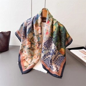 Vintage Oil Painting Print Square Satin Scarf Elegant Satin Shawl Women Floral Retro Neck Head Scarf Versatile Accessory