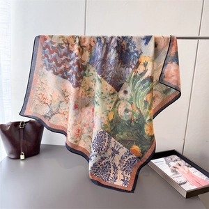 Artistic double-sided herringbone silk scarf with vintage oil painting print patterns