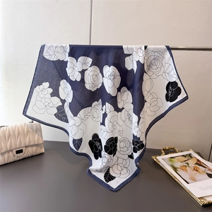 French Retro Women Square Scarf Satin Like Polyester Camellia Flower Print Herringbone Elegant Neck Head Wrap