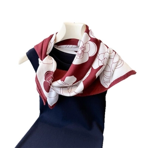 Elegant burgundy and white camellia pattern square scarf in glossy silk-like fabric