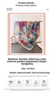 Close-up of double-sided herringbone floral silk scarf with technical details and size