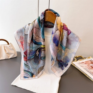 Floral Print Carriage Pattern Square Polyester Satin Like Scarf Herringbone Weave Elegant Neck Head Wrap For Women