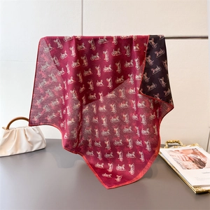 Double-sided herringbone silk scarf featuring a vintage horse carriage print in burgundy