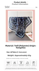 Detail specifications of navy blue floral scarf with 68x68cm size and material info