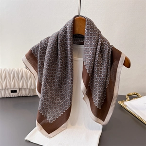 Geometric interlocking ring pattern silk-like scarf in coffee and beige tones