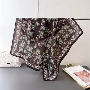 Dark blue floral square scarf with herringbone texture and white lace border accents