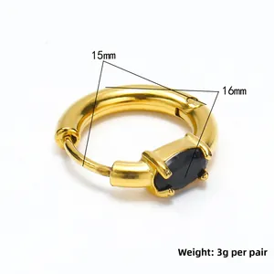 Gold plated oval black zircon earrings for women with 15mm diameter measurements