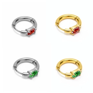 Detailed view of square zircon hoop earrings in gold and silver finishes with red and green gems