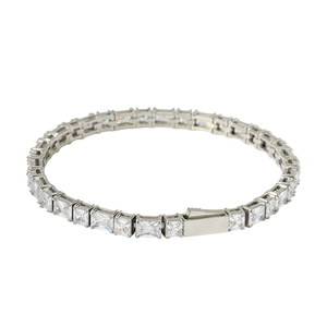 Silver stainless steel tennis bracelet with square and rectangular zircon stones on white base