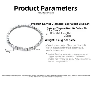 Detail view of 5mm zircon titanium steel tennis bracelet with technical specifications