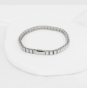 Elegant square-cut zirconia tennis bracelet in polished silver-tone stainless steel finish
