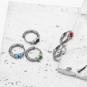 Minimalist stainless steel hoop earrings with colorful oval-cut zircon in five vibrant colors